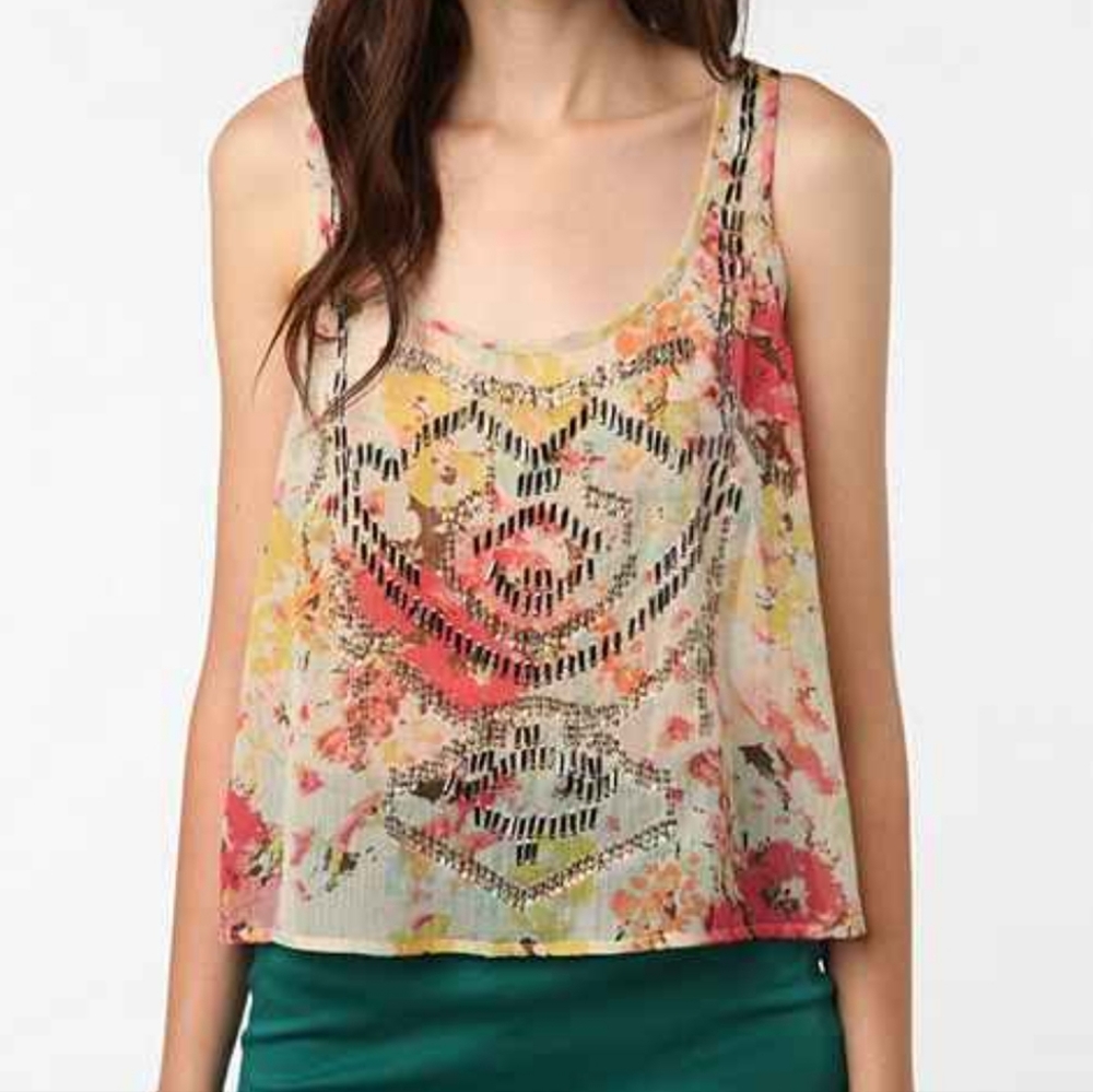 New Women's Pins and Needles Beaded & Sequin Summer Floral Watercolor Blouse Top